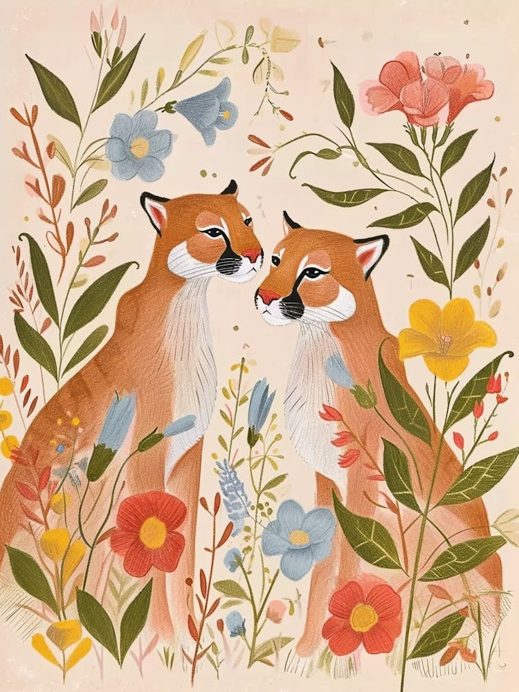 Folksy Floral Animal Drawing Puma 3