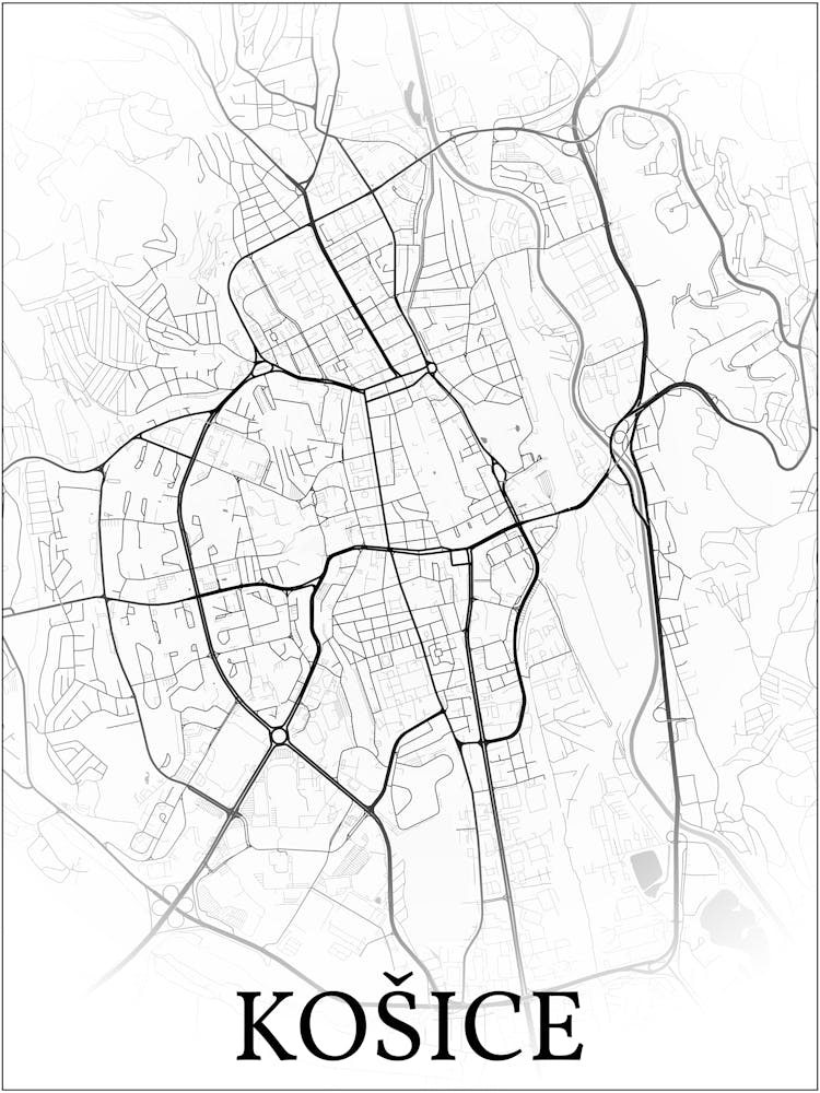 Košice, Slovakia, City Map, Black And White Fade Design