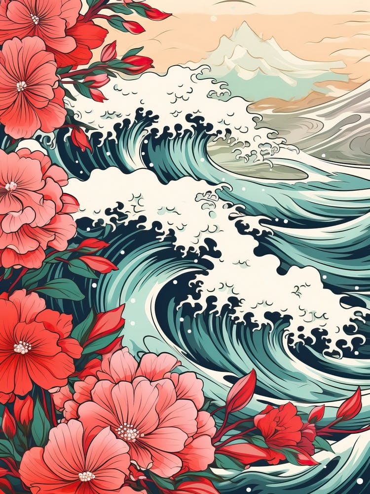 Great Wave With Rose Flower Drawing In The Style Of Ukiyo E 4