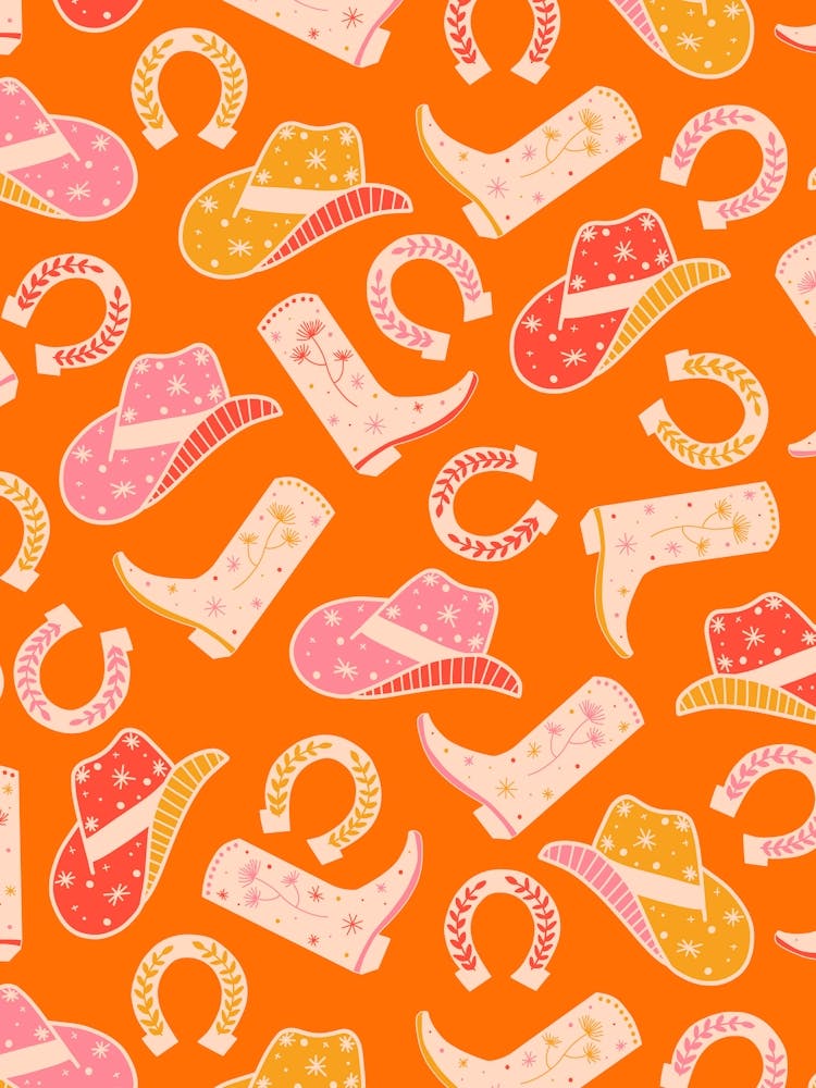 Warm Retro Western Cowgirl Motifs - Orange, Pink, Peach, Cream