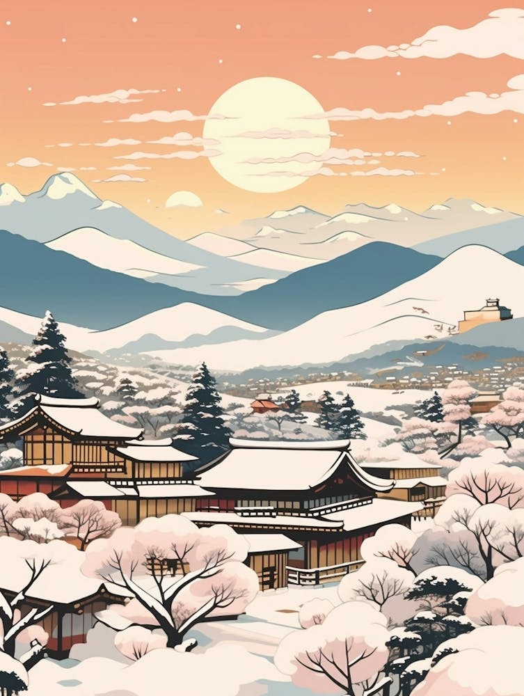 Vintage Winter Travel Illustration Nagano Japan 3