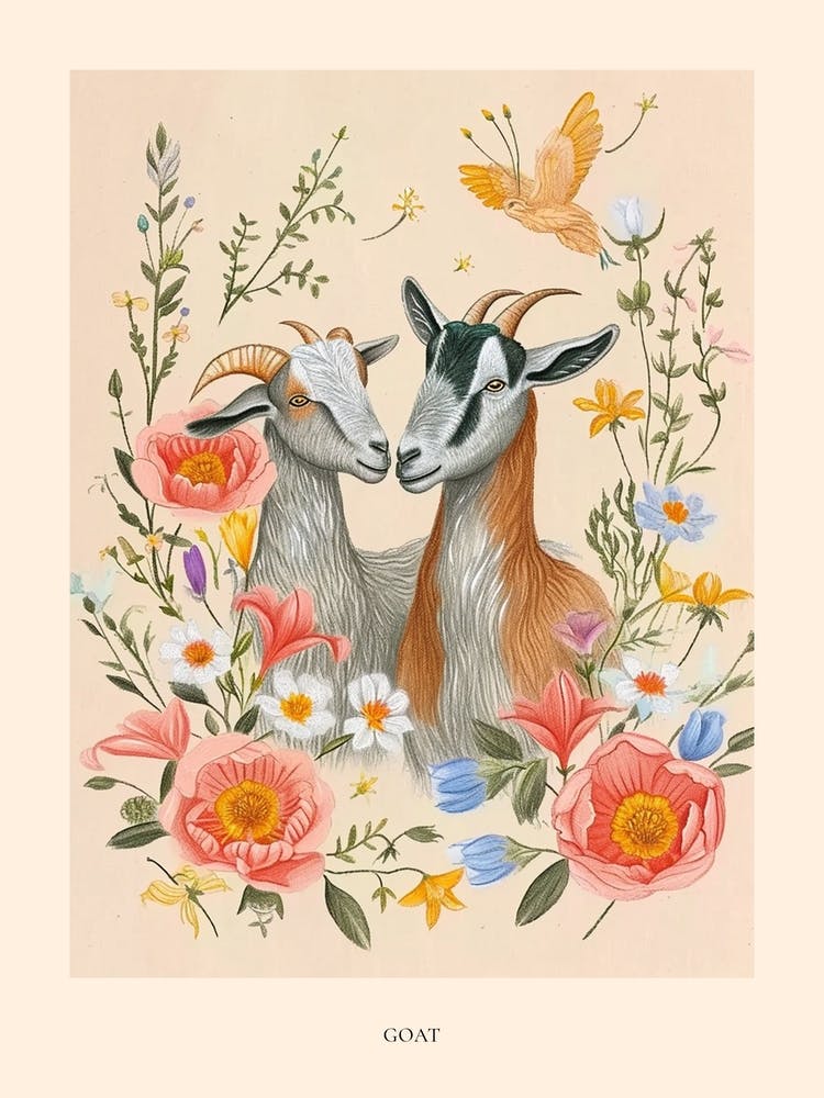 Folkloristische Blumige Tierzeichnung Ziege 5 Poster