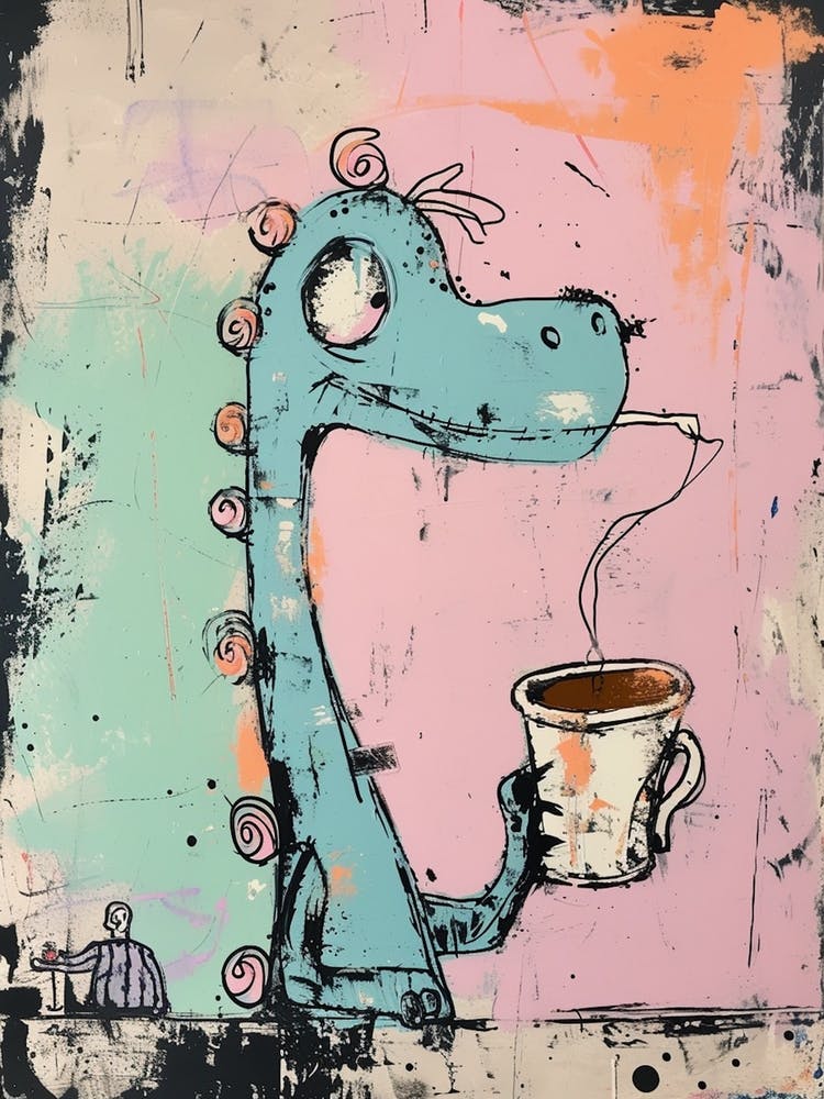 Dinosaur Drinking Coffee Pastel Pink Graffiti Brushstroke 3