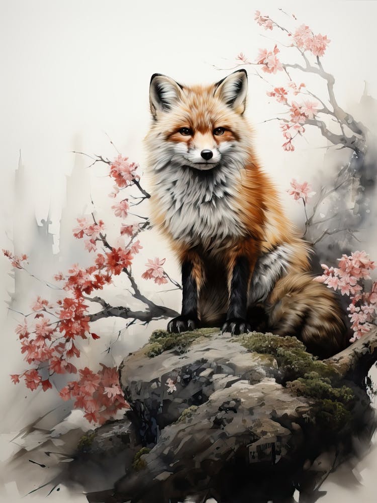 Fox, Japanese Brush Painting, Ukiyo E, Minimal 1