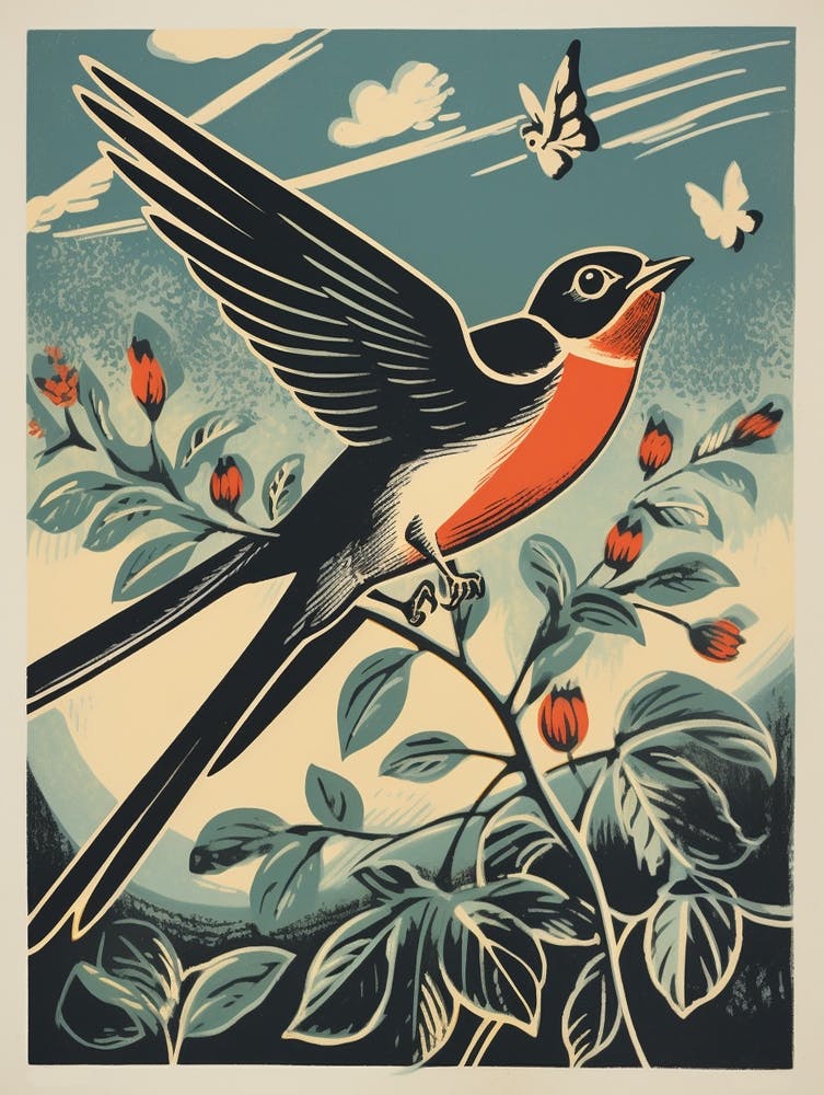 Vintage Bird Linocut Swallow 3