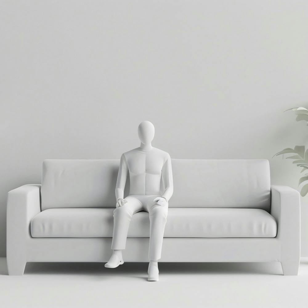 Mannequin auf dem Sofa sitzend