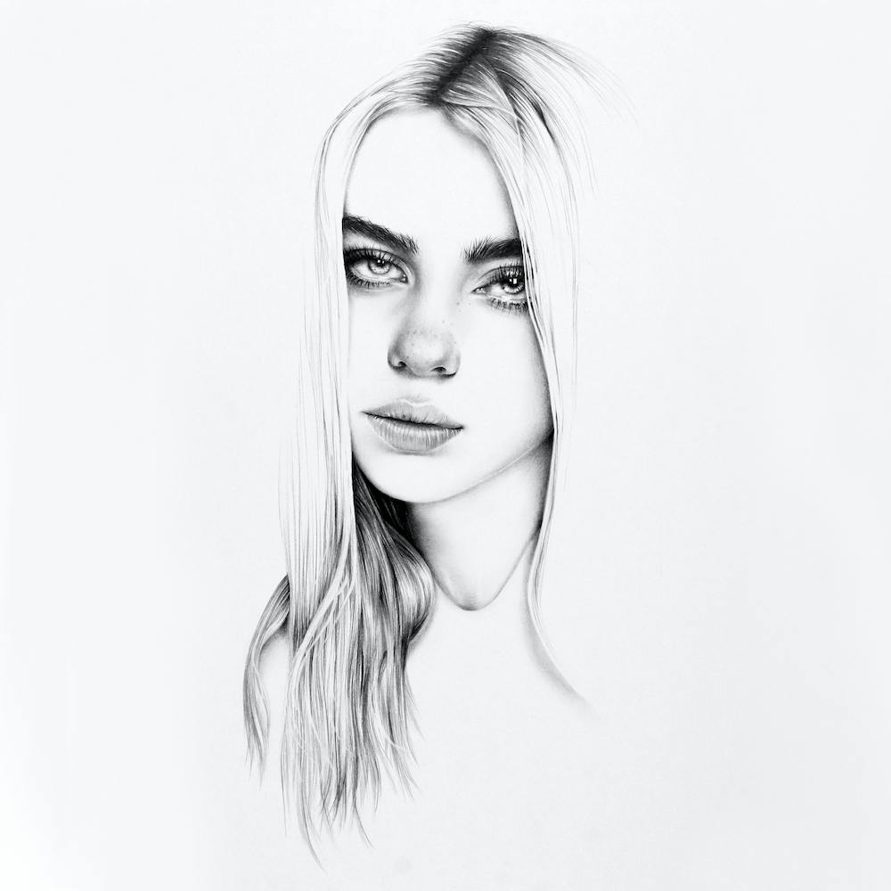 Billie Eilish Minimalistisches Bleistiftporträt Schwarz-Weiß