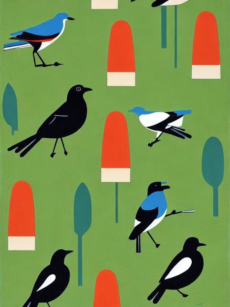 Magpie Pattern Midcentury Illustration Bird