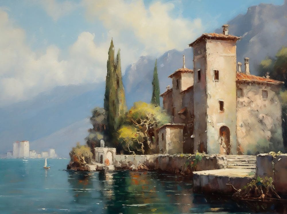 Italy Lake Village Landscape Painting Vintage Landscape Print Rustic Village Art Painting Antique Printable Artwork Digital Download