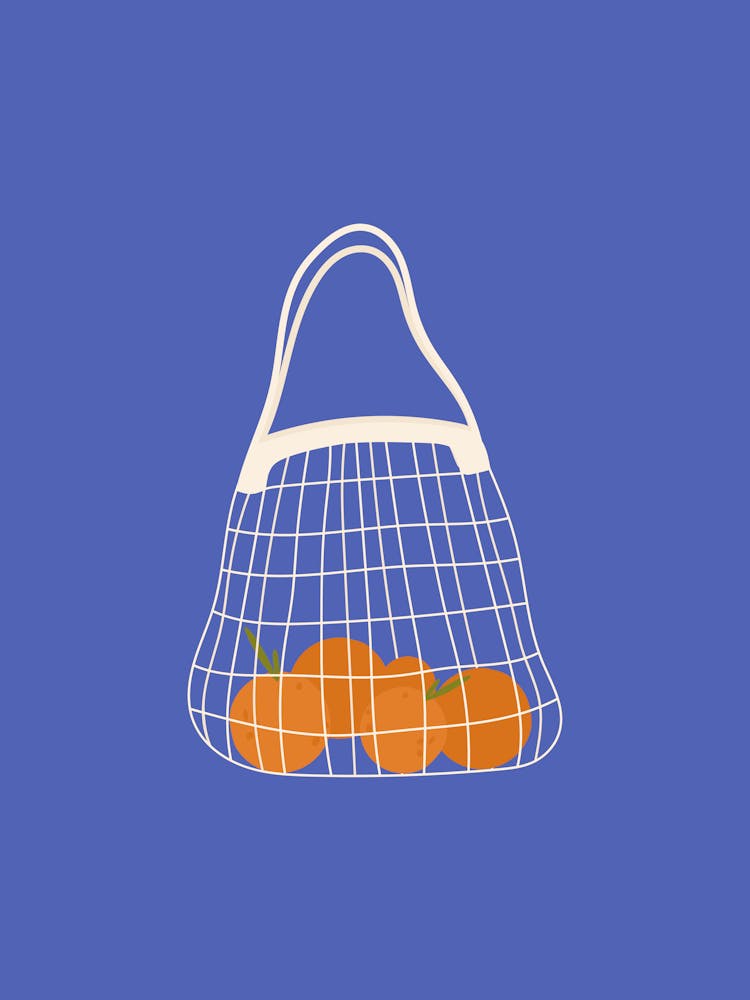Tasche mit Orangen blauer Hintergrund