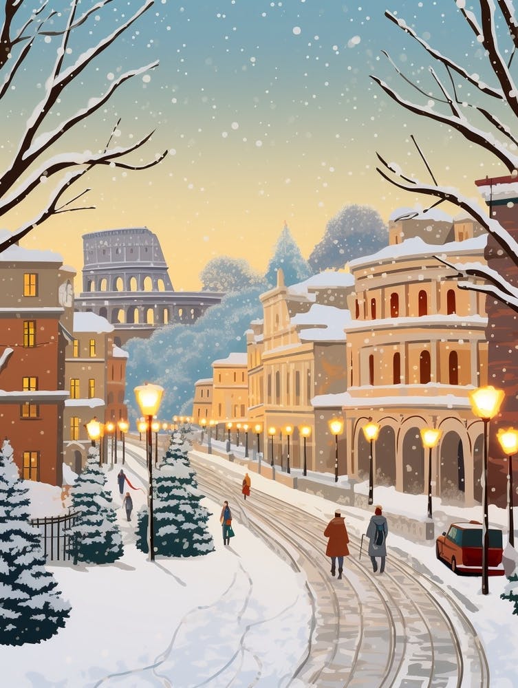 Vintage Winter Travel Illustration Rome Italy 3