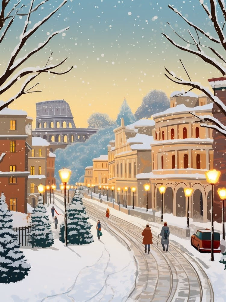 Vintage Winter Travel Illustration Rome Italy 3