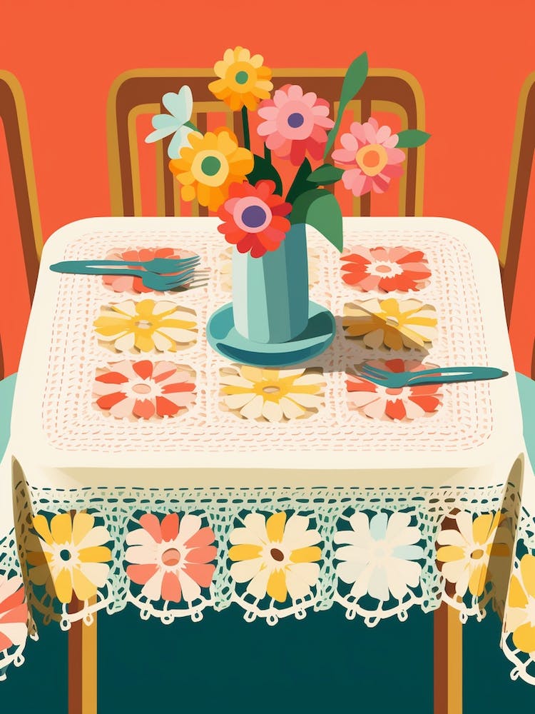 Crochet Table With Flowers Illustration