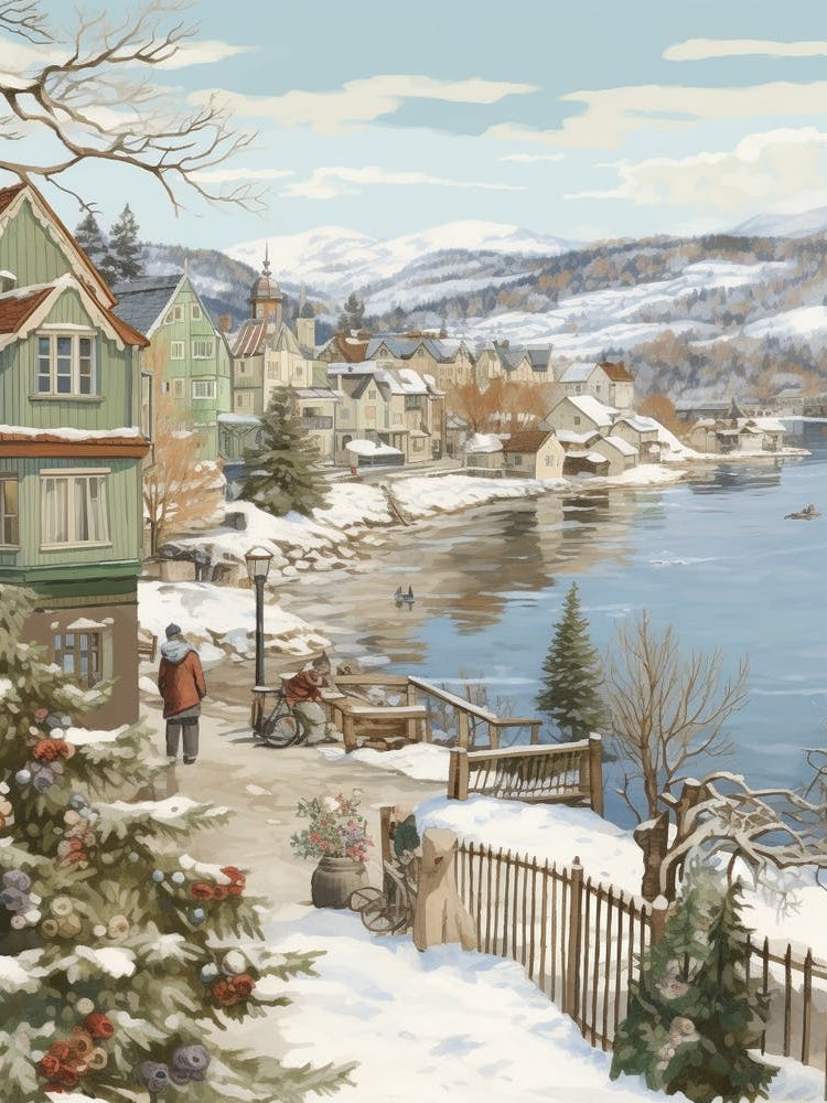 Vintage Winter Illustration Bergen Norway 2