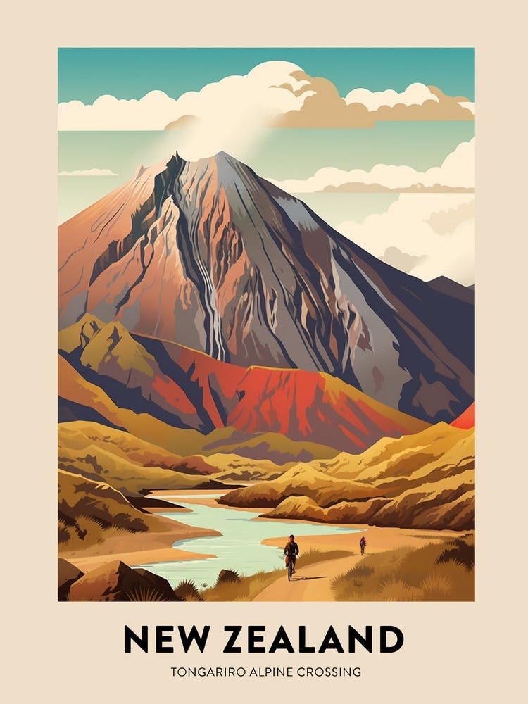 Tongariro Alpine Crossing New Zealand 2 Vintage Hiking Travel Poster