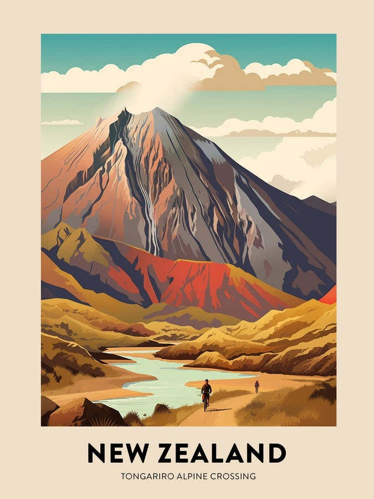 Tongariro Alpine Crossing New Zealand 2 Vintage Hiking Travel Poster