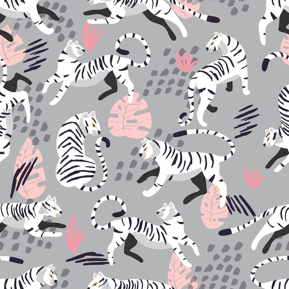 White Tiger Pattern On Gray With Pink Decoration Square