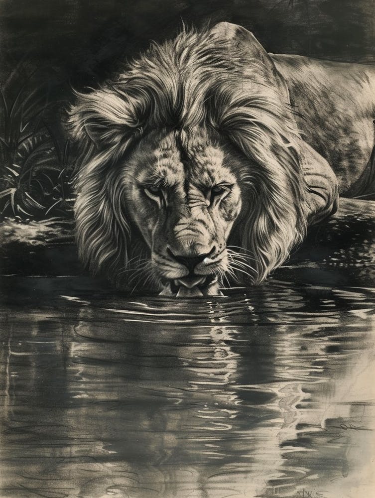 African Lion Charcoal Drawing Drinking From A Watering Hole 1