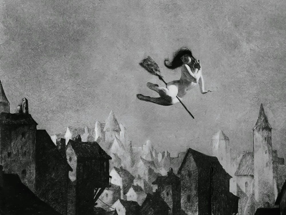 Flight of Fancy 1927 - William Mortensen, Rare Vintage Victorian Pencil Drawing of a Naked Witch on a Broomstick Above Houses, Witchcore Cottagecore Cool Witchcraft Magick