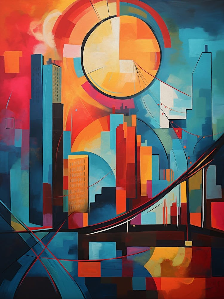 New York City II, Avant Garde Modern Abstract Vibrant Painting in Cubism Style