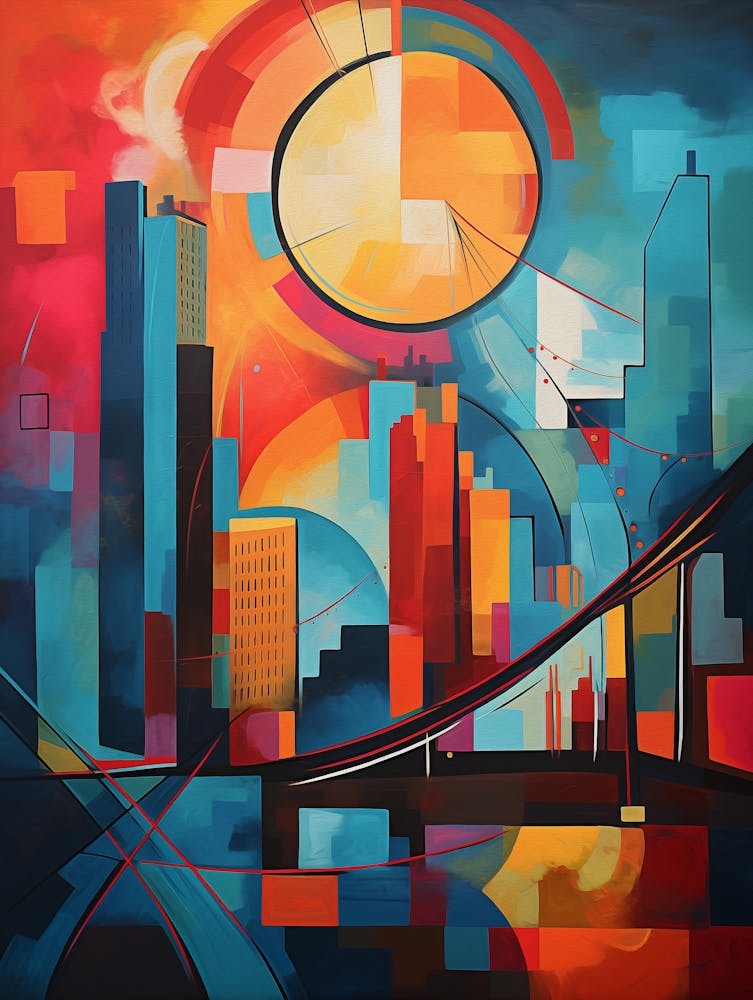New York City II, Avant Garde Modern Abstract Vibrant Painting in Cubism Style