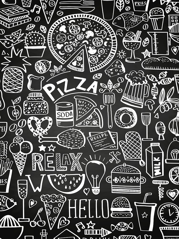 Pizza Doodles On A Blackboard - kitchen art, kitchen poster