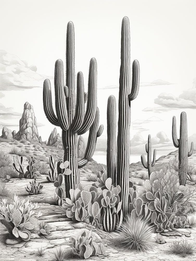 Vintage Cactus Illustration Organ Pipe Cactus B&W