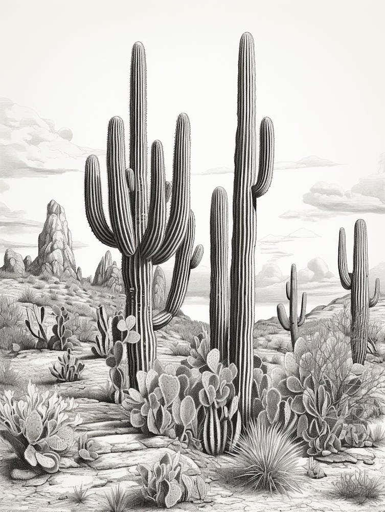 Vintage Cactus Illustration Organ Pipe Cactus B&W