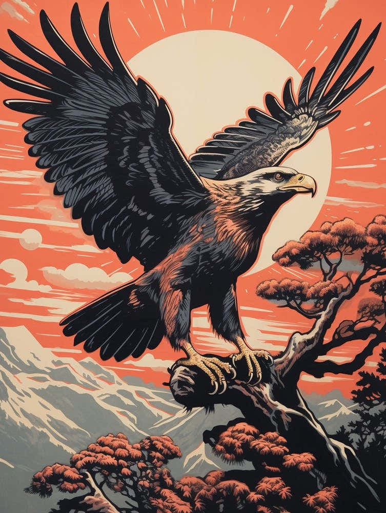 Vintage Bird Linocut Eagle 4