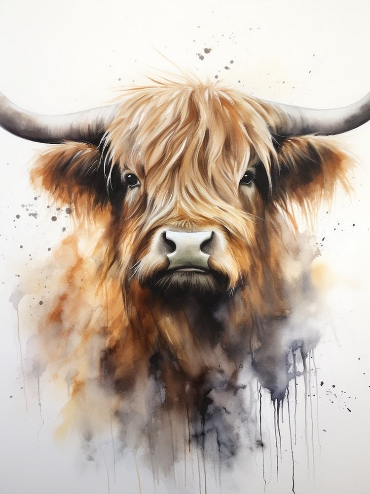 Neutral Watercolour Portrait Of Highland Cow 1
