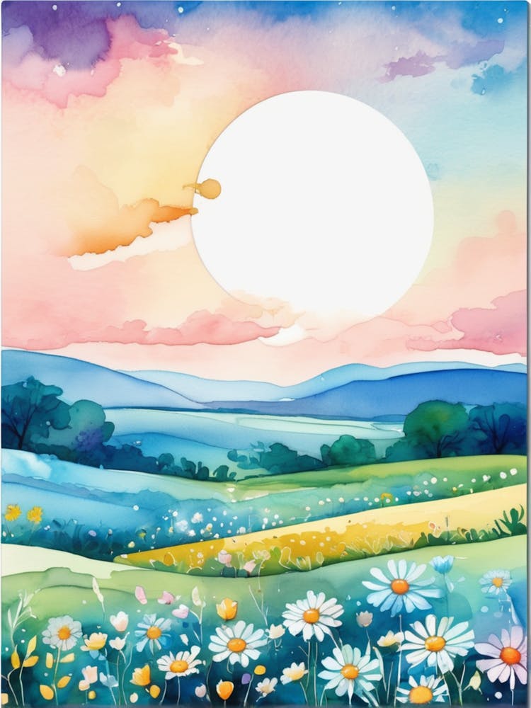 Watercolor Landscape With Daisies