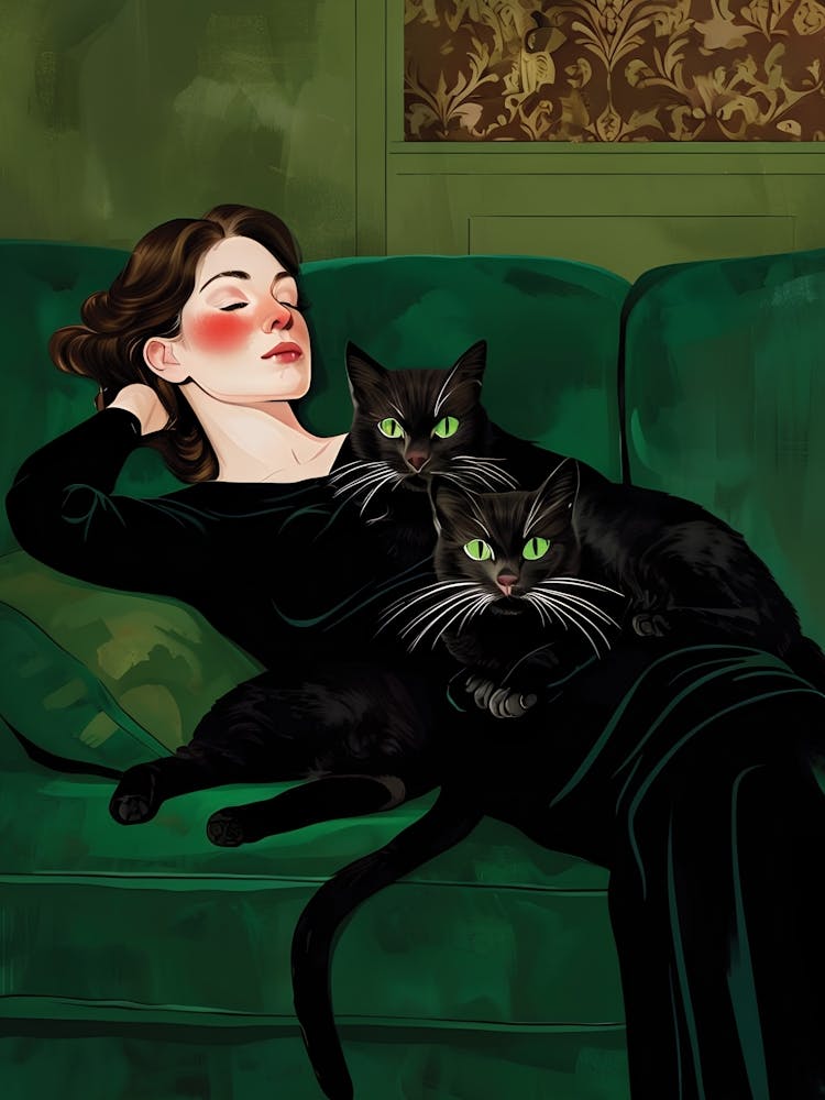 Decadent Young Woman After The Dance With Cats Green Sofa