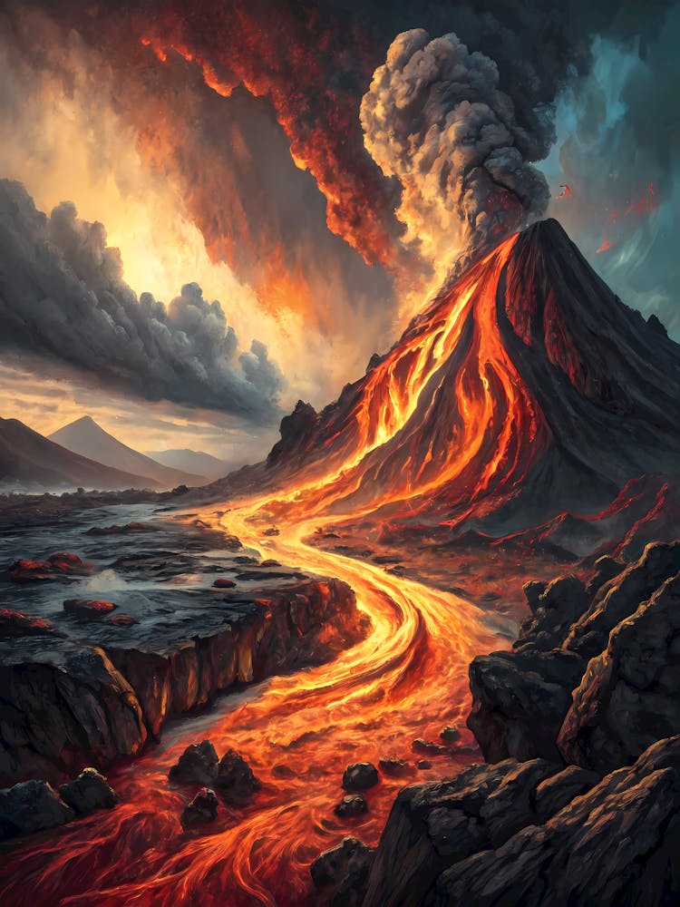 Vibrant Volcano Eruption oil Painting Dynamic Lava Flow and Ash Cloud Artwork