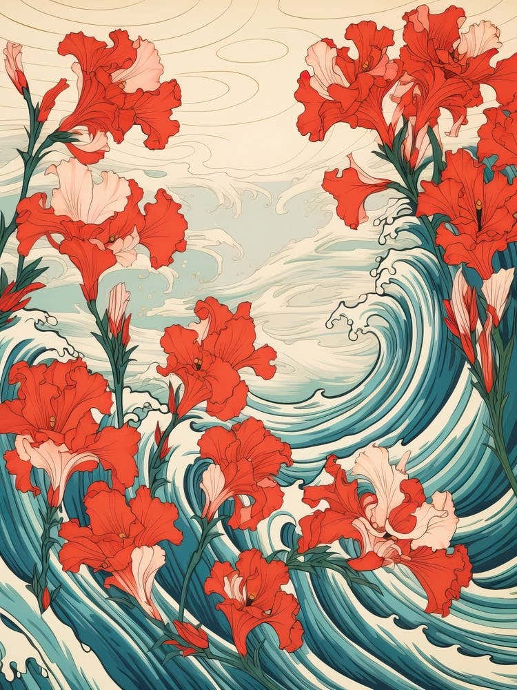 Great Wave With Gladiolus Flower Drawing In The Style Of Ukiyo E 1