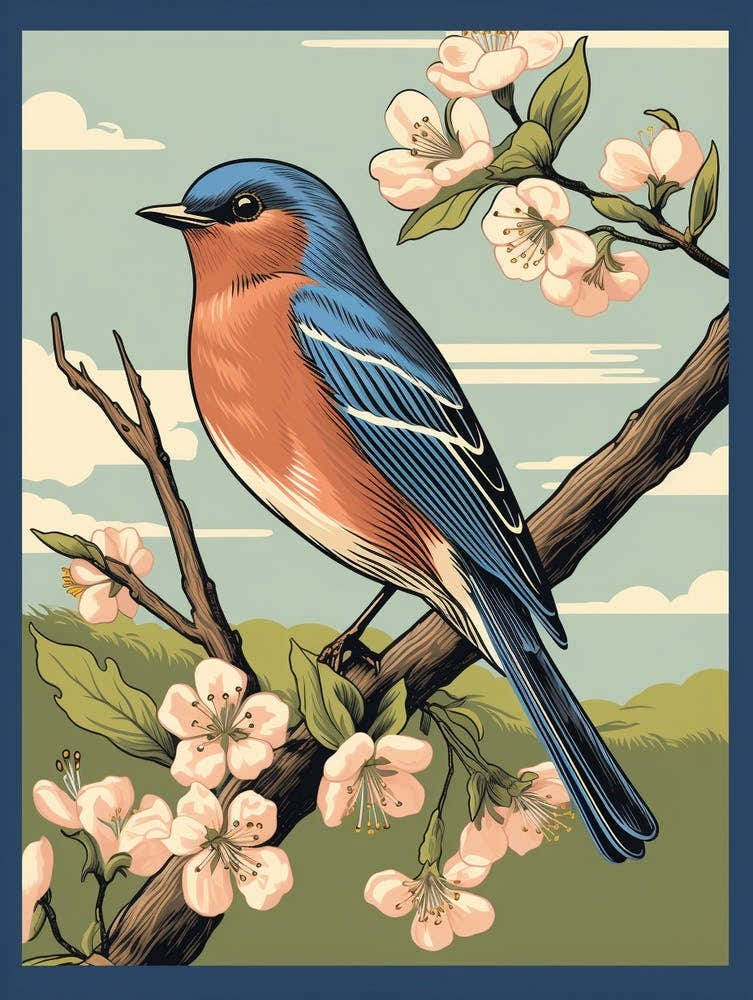 Vintage Bird Linocut Eastern Bluebird 3