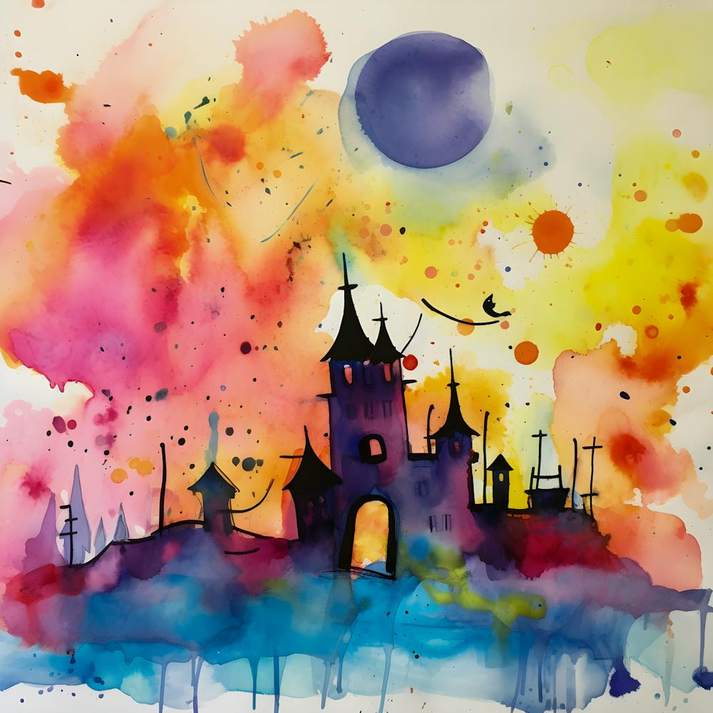 Whimsical Fantasy Castle Watercolor Art Colorful Fairy Tale Illustration Enchanted Storybook Wall Decor