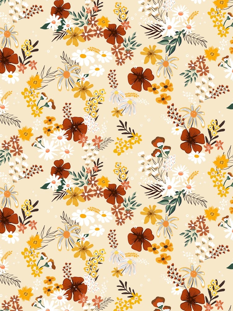 Boho Scattered Mixed Flower Bouquets on Sand Beige