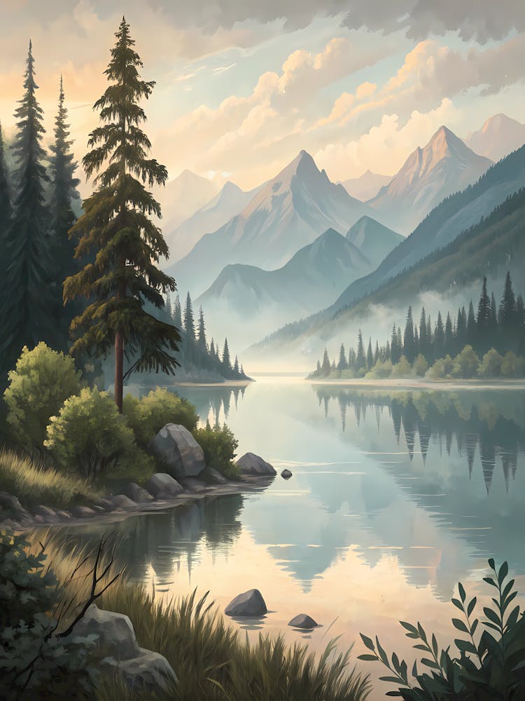 Serene Mountain Lake Landscape Oil Painting
