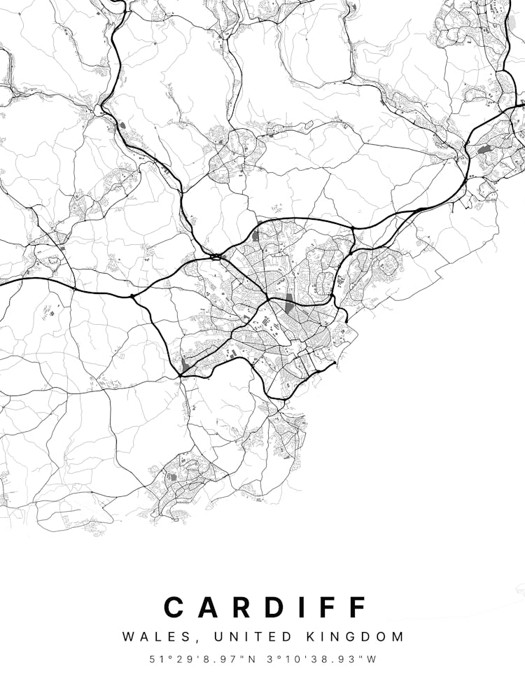 Cardiff Wales White Map