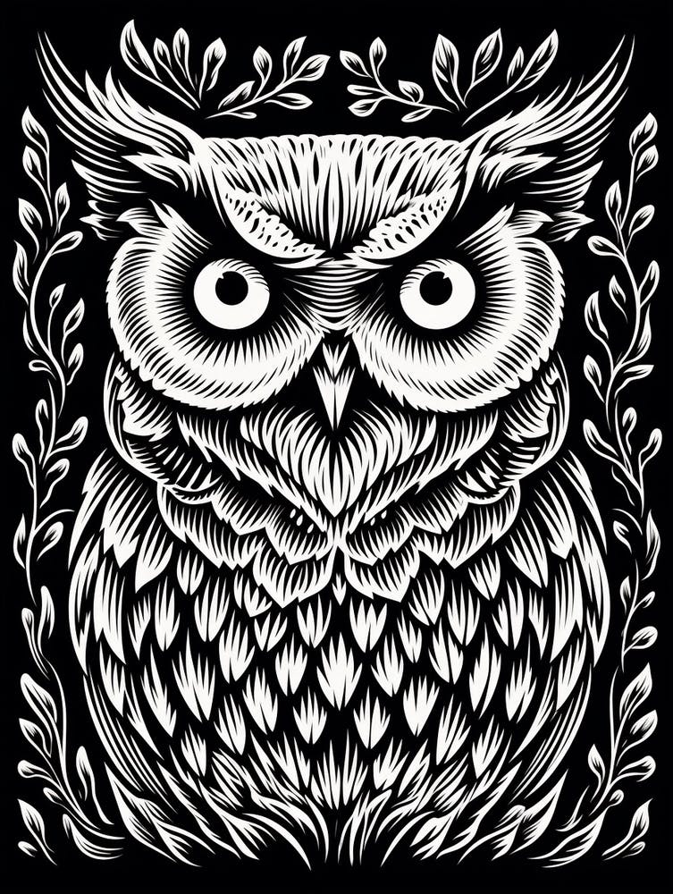 B&W Bird Linocut Great Horned Owl 3
