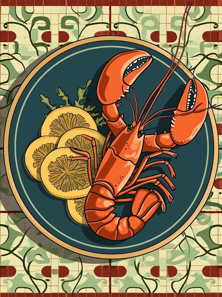 Lobster On A Plate With A Tiled Background 2
