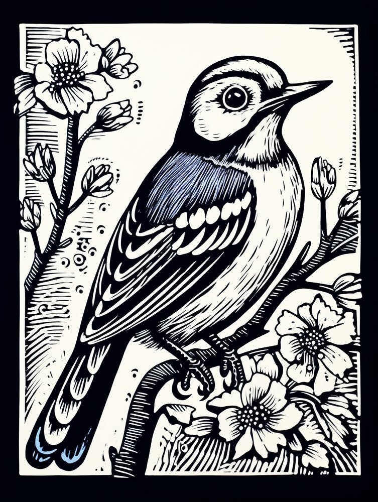 B&W Bird Linocut Blue Jay 1