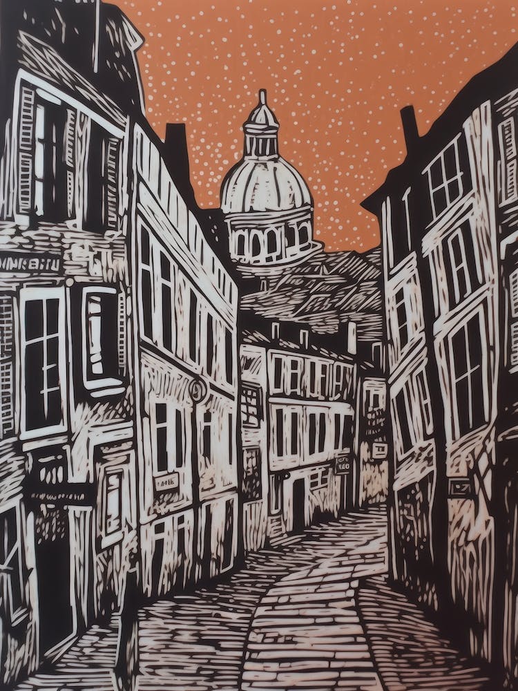 Montmartre Paris France Linocut Illustration Style 1