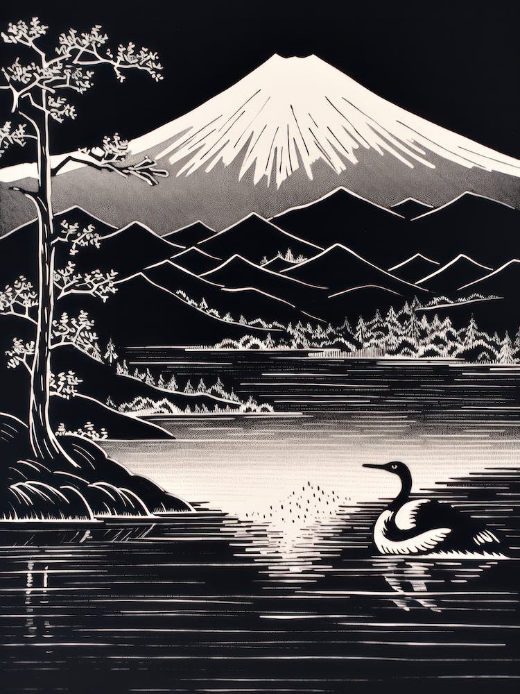 Mount Fuji Japan Linocut Illustration Style 3