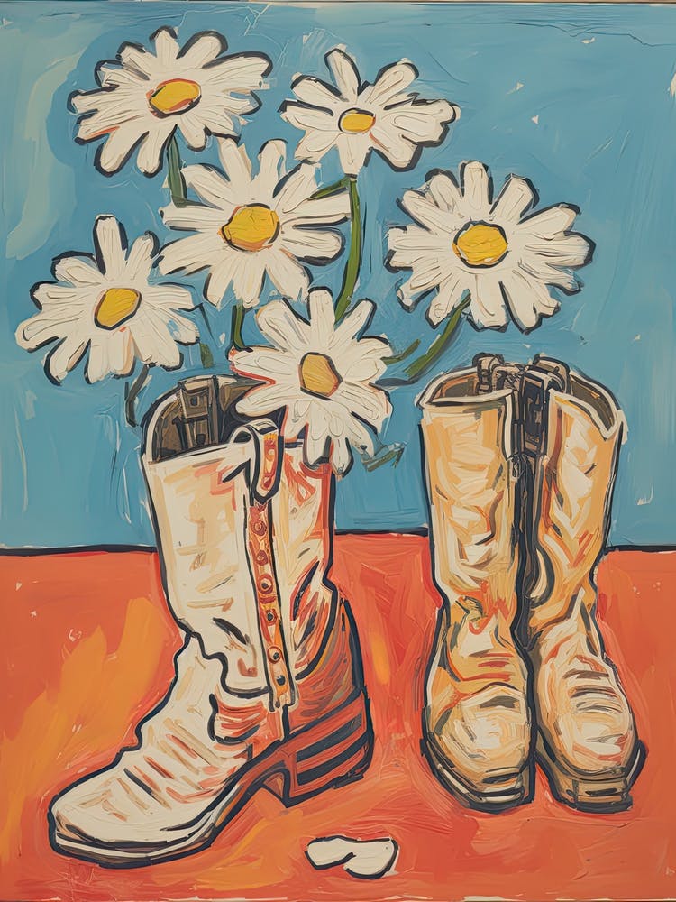 A Painting Of Cowboy Boots With Daisies Flowers, Pop Art Style 13