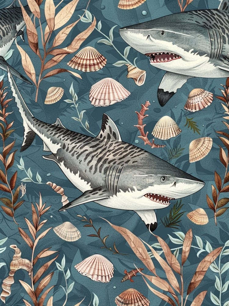 Pastel Blue Tiger Shark Watercolour Seascape Pattern 1