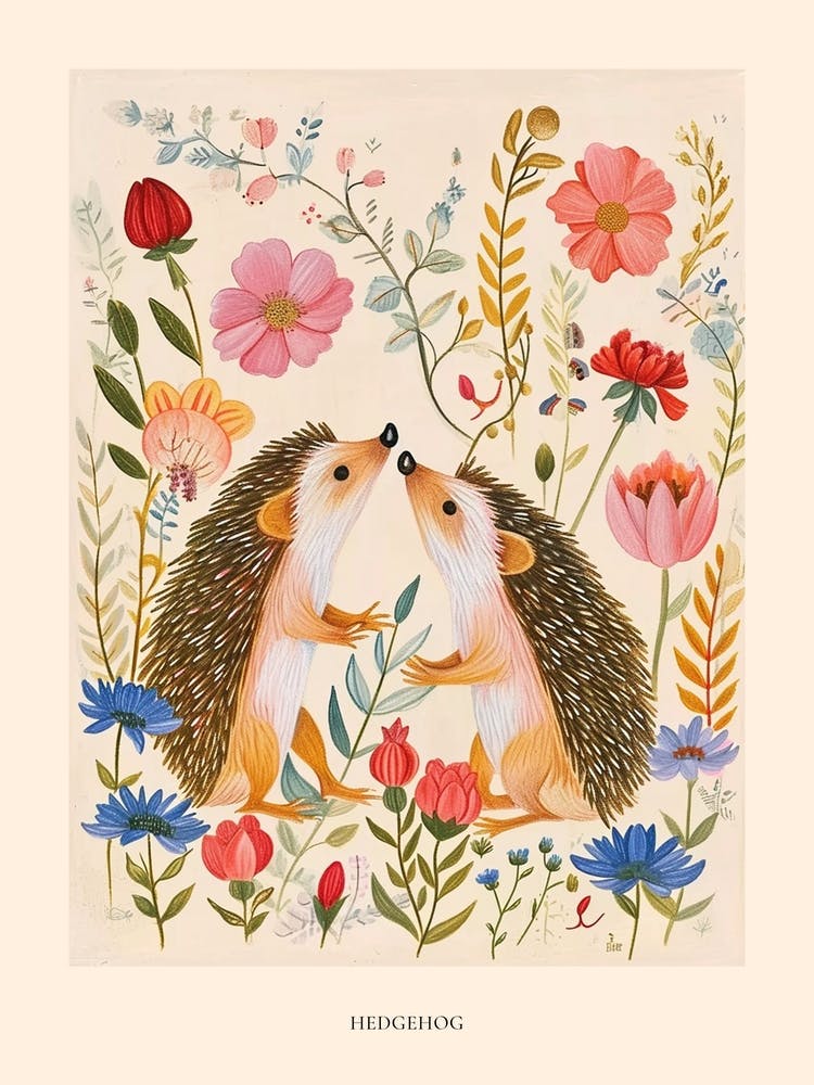 Folksy Floral Animal Drawing Hedgehog 5 Poster