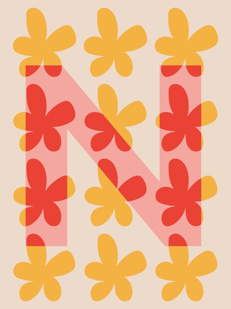 Alphabet Flower Letter N Print - Pink, Yellow, Red