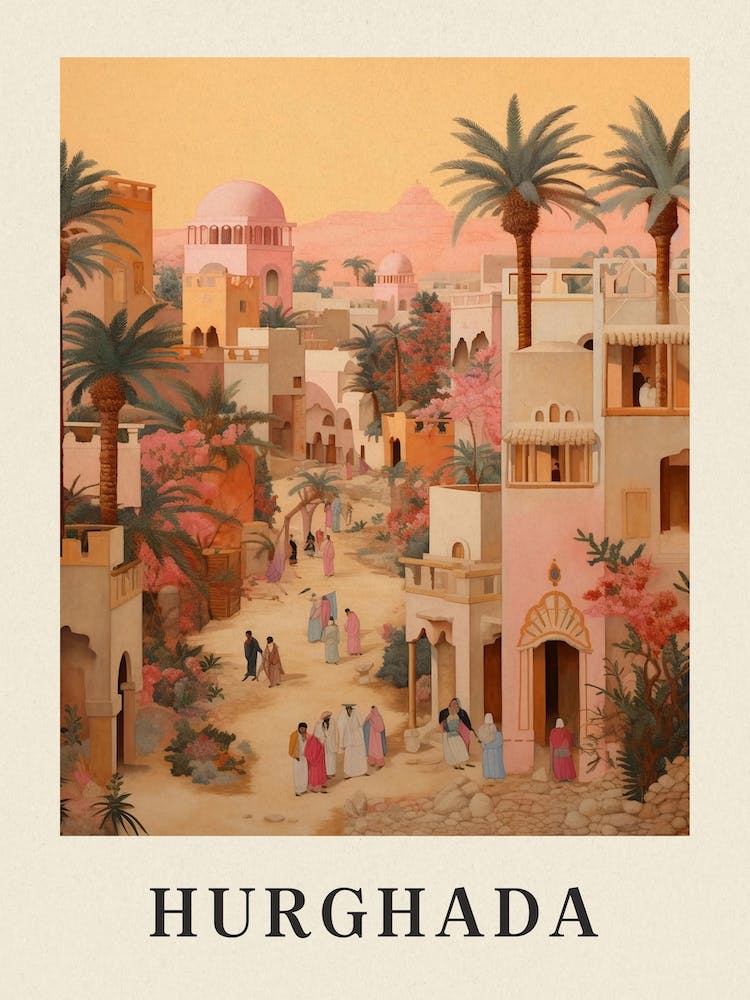 Hurghada Egypt 2 Vintage Pink Travel Illustration Poster
