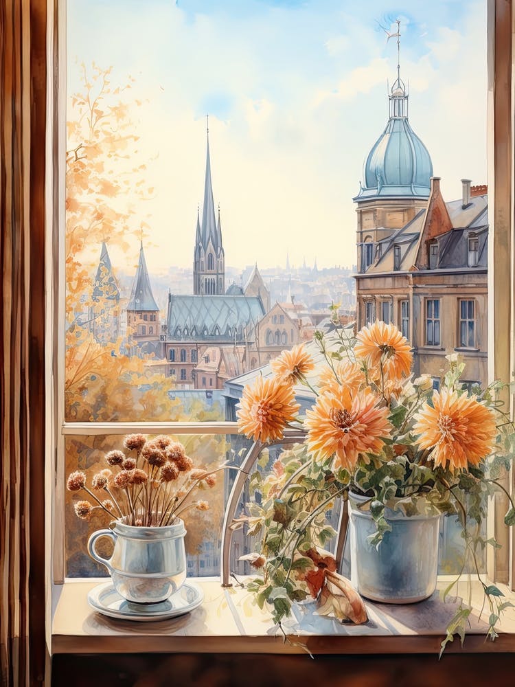 Window View Of Hamburg Germany In Autumn Fall, Watercolour 1